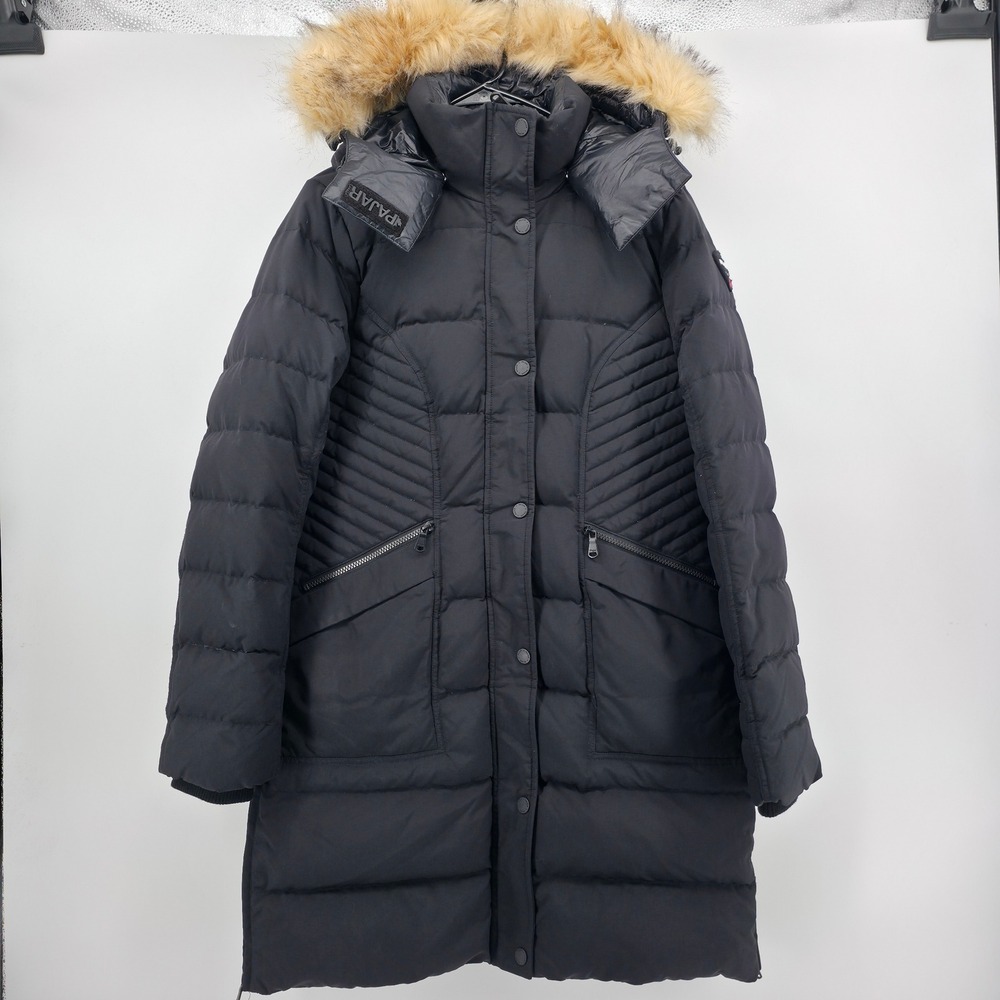 Pajar Canada Women Down Puffer Parka Coat L Black Faux Fur Hood CA07465